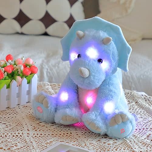 Light-up Singing Triceratops Plush Toy LED Musical Stuffed Animal | Blue Dinosaur Adjustable Volume Lullaby Plushies Birthday Christmas Toy Gifts for Kids Toddler Girls, 10"