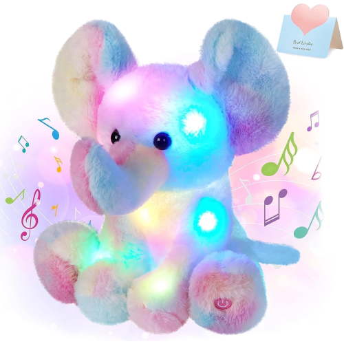 Houwsbaby 12'' Musical Light up Rainbow Elephant Stuffed Animal,LED Singing Soft Wildlife Animal Plush Toy with Night Lights&Lullaby,Birthday Children's Day Hoilday Gift for Toddler Kids