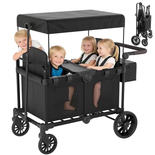 BIERUM 4 Seater Wagon Stroller for Kids, All-Terrain Foldable Cart | 5-Point Safety Harness, 5-in-1 Multi-Mode, Adjustable Push/Pull Handle, Removable Canopy, Organizer, Beach & Camping