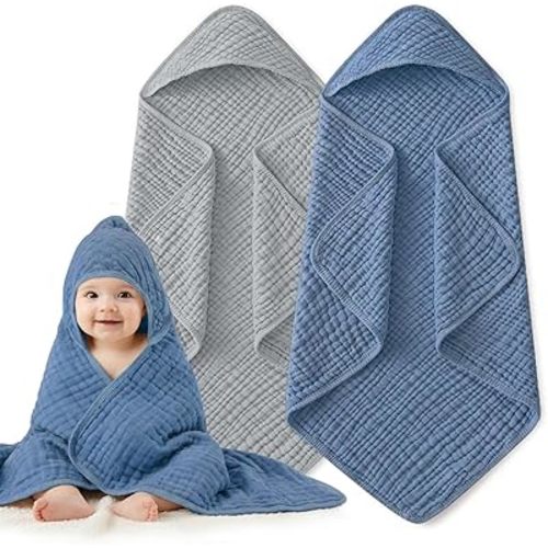 Hooded Baby Bath Towels for Newborn, 2 Pack - 6-Layer 100% Muslin Cotton, Soft Absorbent Baby Towels with Hood for Babies, Infants & Toddlers, Large 32x32 Inch Unisex Newborn Baby Bath Essentials