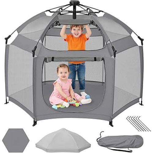 Dripex Pop Up Playpen w/t Built-in Pad & One-Click Safe Lock, Foldable Indoor/Outdoor Baby Playpen w/t Removable Canopy &Roll-Up Door & Top Mesh Window, Travel Pop and Go Beach Play Pen for Baby Grey