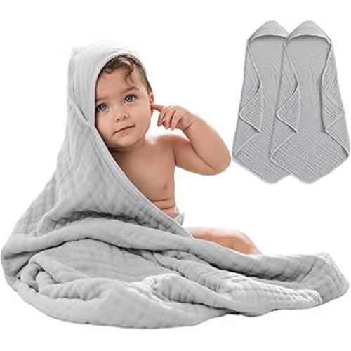 Comfy Cubs Hooded Baby Towel 2-Pack, Large 32 x 32 Inch - 6 Layer 100% Muslin Cotton for Babies, Toddlers and Kids - Soft & Absorbent Baby Bath Towels - Unisex Design for Bath Time - Heather Blue