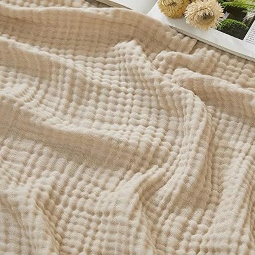 EMME Cotton Muslin Large Throw Blanket Couch Breathable Gauze Soft Lightweight Bed Blankets Adults (Beige, 50"x70")