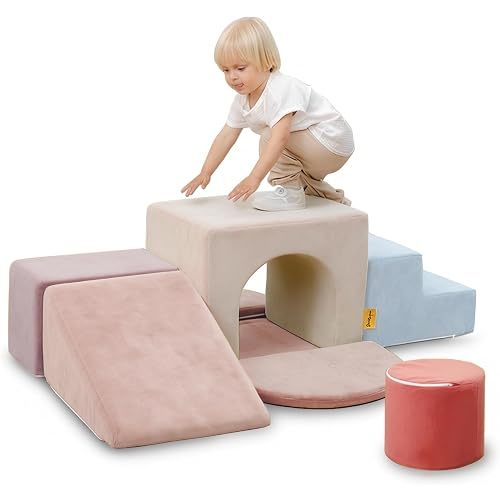BanaSuper Kids Climbing Foam Blocks Playset - 7 Piece Toddler Climbing Toys, Indoor Gross Motor Development Montessori Gross Motor Toy for Babies & Toddlers (Pink&Blue)