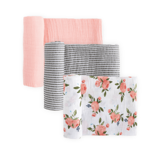 Cotton Muslin Swaddle Blanket 3 Pack - Watercolor Roses