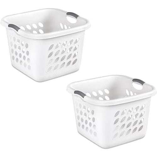 Square Laundry Hamper Clothes Storage Basket with Holes 53L White with Grey Handles Utility Room Garage Closet Made in US (2)