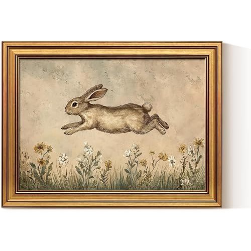 ARPEOTCY Gold Framed Art Prints, Nursery Play Room Cute Wall Decor,Bunny Rabbit Canvas Painting, 12x16inch, Cozy Home Decorations Gift for Kids, earthy tone