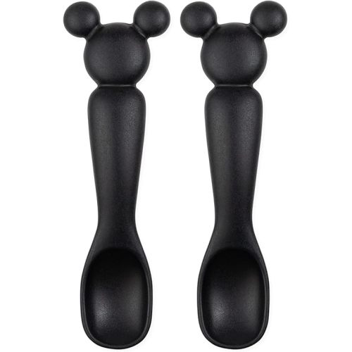 Bumkins Disney Baby Utensil Set, Silicone Trainer Spoons for Dipping, Soft Tip, Self-Feeding, Chew, Baby Led Weaning, Training Supplies, Essentials First Eating, 4 Mos, 2-pk Mickey Mouse Black