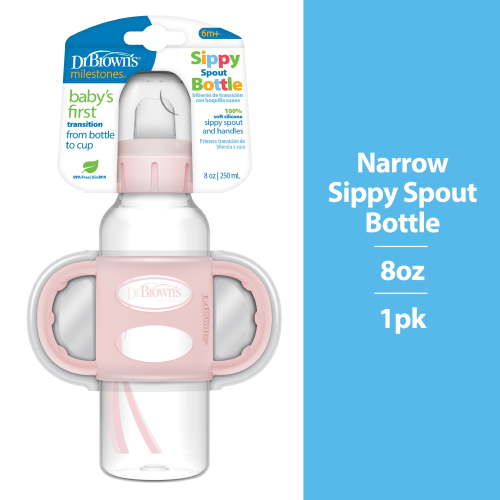 Dr. Brown's Milestones Narrow Sippy Bottle with 100% Silicone Handles and Soft Sippy Spout, 8oz/250mL, 6m+, BPA Free, Light Pink, 1 Pack