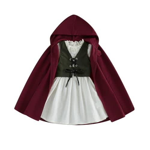 Toddler Girl Medieval Lace Trim Dress Hooded Cloak Vest 3Pcs Outfit | Halloween Renaissance Dress, Ruffle Neck, Lace-Up Vest, Baby 3Piece Set, Breathable, party, Cotton Blend, Ring Bearer