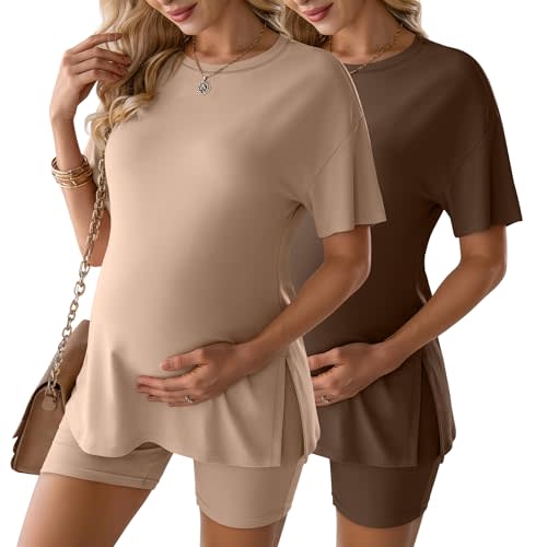 4 Pcs Womens Maternity Pajamas Lounge Set | Side Slit Pregnancy PJS, Crew Neck Short Sleeve Shirts, Casual Shorts, Loose Fit Loungewear, Comfy Maternity Outfits Sets