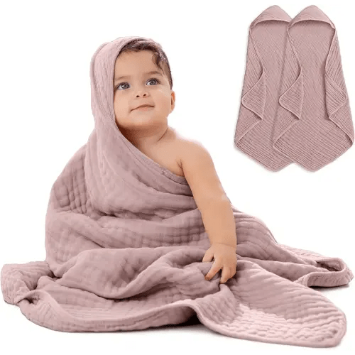 Comfy Cubs Hooded Baby Towel 2-Pack, Large 32 x 32 Inch - 6 Layer 100% Muslin Cotton for Babies, Toddlers and Kids - Soft & Absorbent Baby Bath Towels - Unisex Design for Bath Time - Mauve