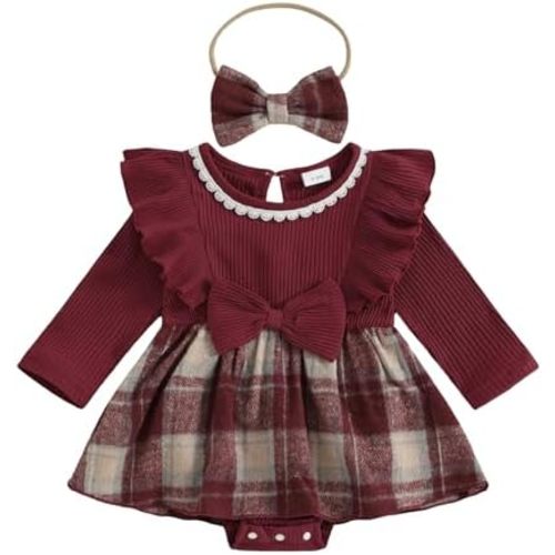 Newborn Infant Baby Girl Christmas Outfit Red Plaid Romper Dress Long Sleeve Knit Onesie + Headband