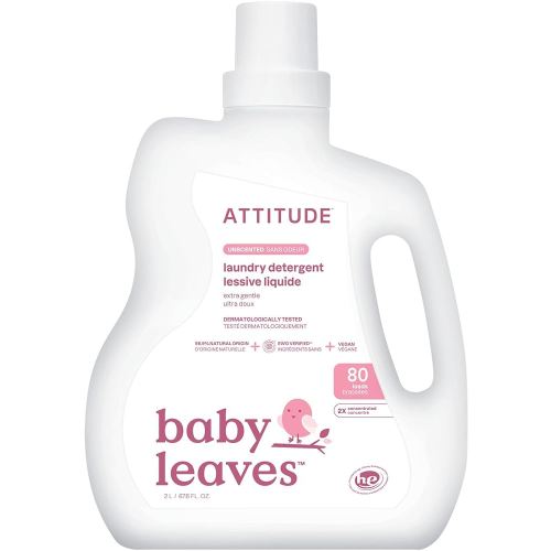 ATTITUDE Baby Laundry Detergent Liquid, EWG Verified, Safe for Baby Clothes, Infant and Newborn, Vegan and Naturally Derived Washing Soap, HE Compatible, Unscented, 80 Loads, 67.6 Fl Oz