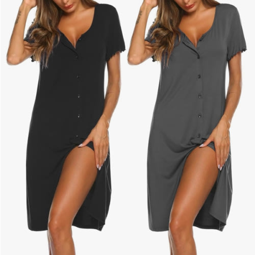 Ekouaer 2 Pack Nightgowns for Women Button Down Night Shirts Short Sleeve Sleep Shirts V Neck Sleepwear Pajama Dress