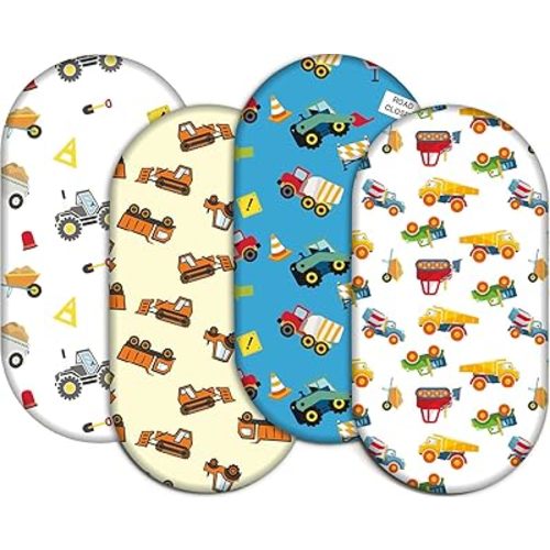 4 Pack Stretch Soft Baby Bassinet Sheet for Girls, Boys, Breathable Cozy Construction Crib Sheets Fit for Hourglass Oval Rectangle, Bedside Sleeper Bassinet Sheets