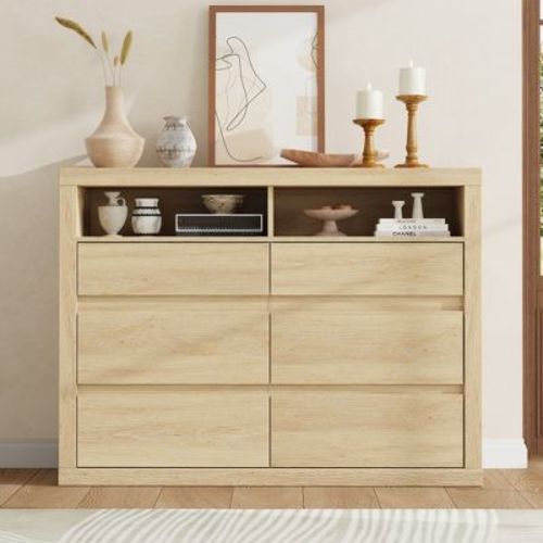 6 Drawer Dresser, Modern Wooden Chest of Drawers with 2 Open Shelves, 47 Inch Wide Double Dresser for Bedroom, Living Room, Closet Storage
