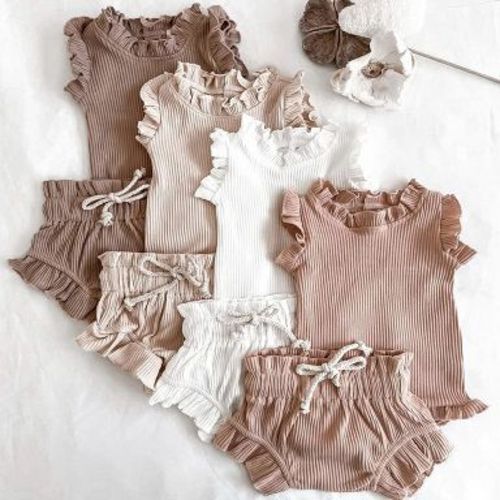 MyKids-USA Baby Girl Sleeveless Round Collar Tops and Shorts (Two Pieces in total) Set Khaki 73 (6-9M)