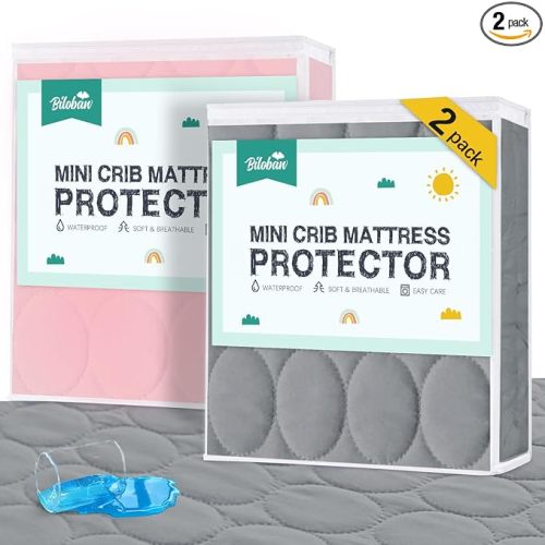 Mini Crib Mattress Protector Sheets Waterproof 2 Pack, Quilted Pack and Play Mattress Pad Cover Fits for Baby Mini Crib/Playen/Pack and Play Mattress, Grey & Pink, 38"x24"
