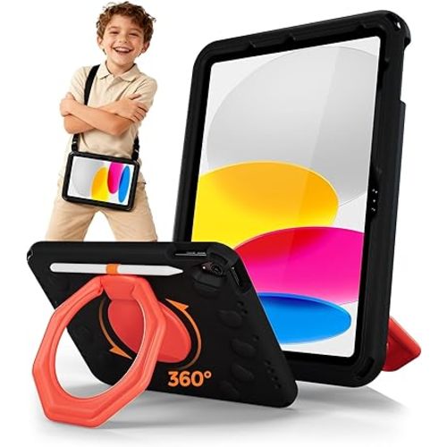 ProCase Kids Case for iPad A16 11th Gen/iPad 10th Gen 10.9 inch/iPad Air 11 inch M4 M3 M2/ Air 5th/ Air 4th, Shockproof Cover with Pencil Holder, Ring Stand Handle, Shoulder Strap -Black & Red