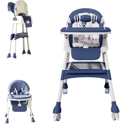 4-in-1 Foldable Baby High Chair for Babies & Toddlers, Adjustable High Chair with Removable Double Tray, Detachable PU Seat Cushion, Locking Wheels, Easy to Clean,Blue