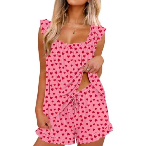 Ekouaer Pajama for Women Set 2 Piece Ruffle Pjs Soft Tank Top and Shorts