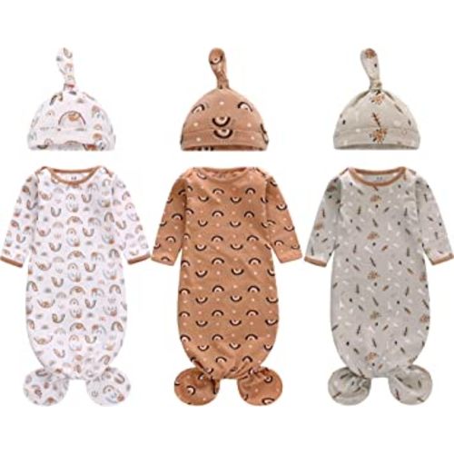 Newborn Knotted Nightgown Long Sleeve with Matching Hat Set 3 Pack, Unisex Baby Sleeper Gowns Coming Home Outfits Set with Mitten Cuffs for Boys Girls