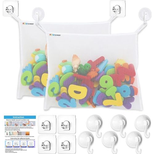 2 x Bath Toy Net, Kids Bath Tub Toy Holder Basket, Corner Mesh Bag, Baby Bathtub Storage Organizer, Large Bathroom Bucket, Toddler Shower Caddy Hanging Bin with 6 Suction Cups, 4 Adhesive Wall Hooks