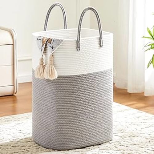 Laundry Basket,Woven Cotton Rope Laundry Hamper,Versatile Storage for Dirty Clothes,Baby Toys,and Blankets in Bathroom, Nursery,and Living Room (Grey, 60L)