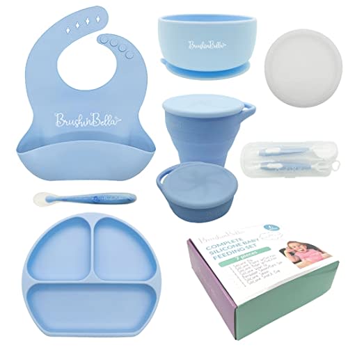 BrushinBella Baby Feeding Supplies - Complete Baby Feeding Set with Baby Plate, Baby Spoons First Stage, Silicone Bib and Snack Cup - Infant Eating Utensils and Baby Bowl with Suction