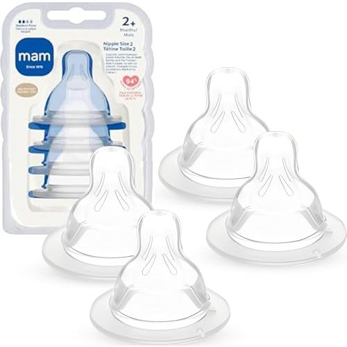 MAM Baby Bottle Anti-Colic Medium Flow Nipples, Fits All MAM Bottles, 4 Pk | Size 2, From 2+ Months, Skin Soft BPA Free Silicone, 94% Nipple Acceptance, Developed With Medical Experts, Made In Europe