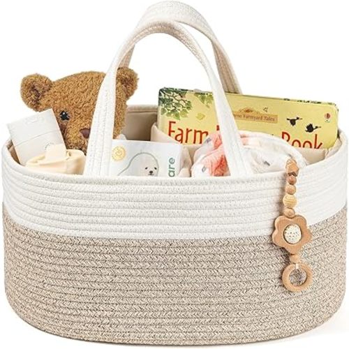Diaper Caddy Organizer, Empty Gift Basket for Newborn Essentials, Baby Storage Basket, Stylish Gift Bag for Baby Shower, Boys and Girls – Extra Large, White and Beige Brown
