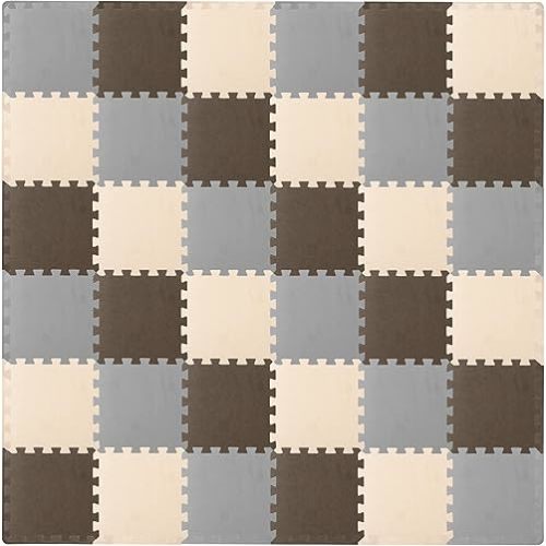ProSource Foam Puzzle Floor Play Mat for Kids and Babies with Solid Colors, 36 or 16 Interlocking Tiles with Borders, Brown/Beige/Grey