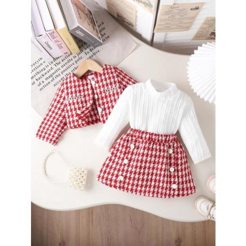 3pcs Baby Girl Plaid Jacket, Turtleneck Sweater & Rose Button Skirt Set, Stylish Autumn/Winter | SHEIN USA