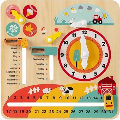 Costzon Montessori Kids Daily Learning Clock Toy, Wooden Educational Learning Clock Toy About Season, Weather, Day, Night, Month, Week & Date, Toddlers Daily Calendar for Preschool Boys Girls Aged 3+