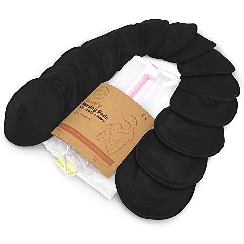 Organic Bamboo Nursing Breast Pads - 14 Washable Pads + Wash Bag - Breastfeeding Nipple Pad for Maternity - Reusable Nipplecovers for Breast Feeding (Midnight Black, X-Large 5.5")