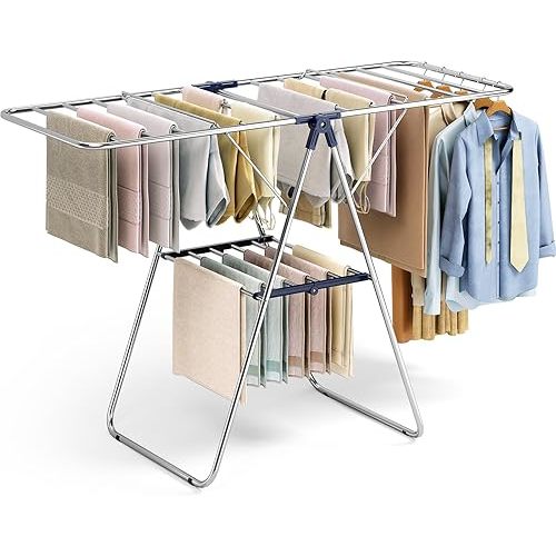 KINGBOARD Clothes Drying Rack, Laundry Drying Rack with Height-Adjustable, Foldable Gullwing for Easy Storage, No Assembly, Indoor Outdoor Use, 56.4" D x 21.6" W x 39.3" H, Blue