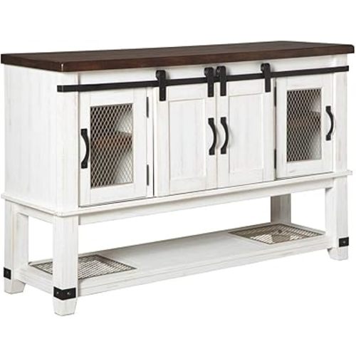 Signature Design by Ashley Valebeck Farmhouse Dining Room Server or Buffet Cabinet, White & Brown