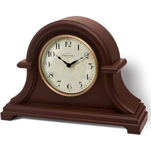 Presentime & Co. Mantel Clock Vintage Farmhouse Series, Napoleon Desk & Shelf Clock, 13 x 10 inch, Domed Lens, Quartz Movement, ABS Plastic Case, Walnut Brown Finish (Home/Tabletop Decoration)