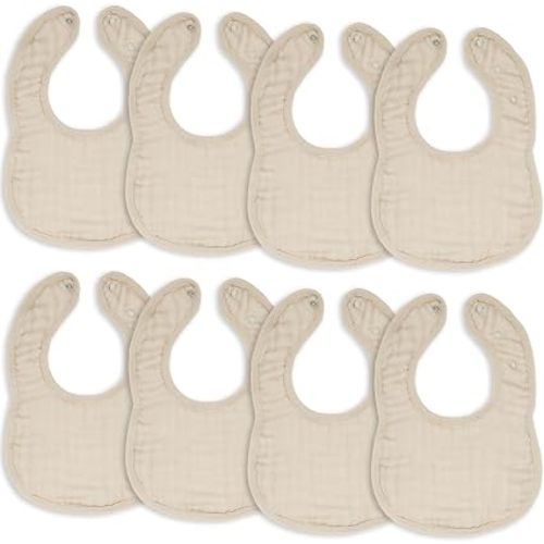 Comfy Cubs Muslin Baby Bibs, Pack of 8 - Soft and Highly Absorbent, Feeding, Teething and Drool Bib, Adjustable Snaps - Stylish & Colorful Unisex Designs, Giftable Set - Sand