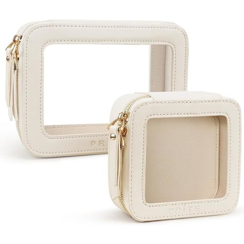 Prite Clear Makeup Bag Set for Women Portable Clear Makeup Bag Cute Waterproof Travel Cosmetic Bag with Gold Zipper for Car Essentials(Beige)