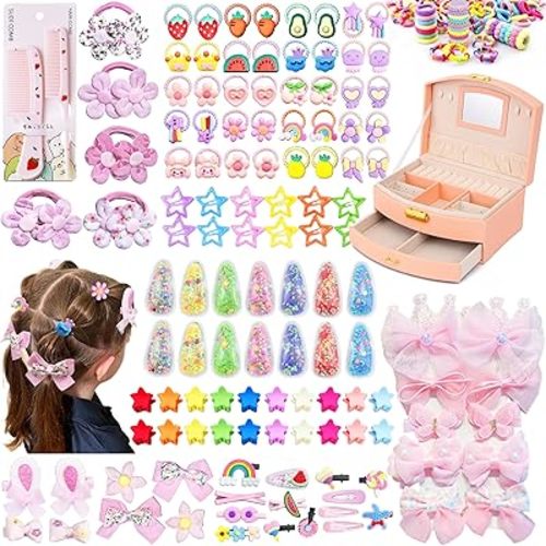 252 Pcs Hair Accessories for Girls Jewlry Box, Back to School Hair Accessory Gift Hair Stuff Storage including Hair Clip,Hair Barrettes,Hair Ties,Hair Bows for Little One Teen Age 3-12 (ORANGE PINK)