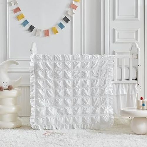 Ruffled Mini Crib Bedding Set Baby Boho Quilted Comforter with Fitted Sheet and Bed Skirt - Cute Soft Breathable Seersucker Shabby Bedding Soft Blanket Only for Mini Crib White