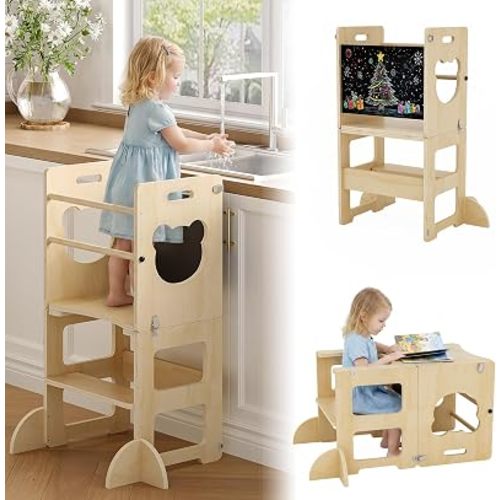 EXPERLAM 4-in-1 Toddler Kitchen Step Stool, Foldable Toddler Tower with Blackboard, Wooden Kitchen Stool Helper for Kids, Learning Standing Tower, 1-3 Year Old Boy Girl Gift