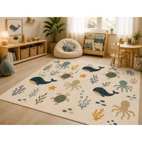 Underwater Friends Nursery Carpet-Whale Octopus Sea Life Nursery Rug-Aqua Coral Toddler Mat-Kids Room Ocean Playmat-Anti Slip Child Room Rug