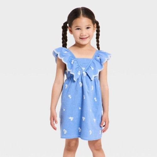 Toddler Girls' Chambray Embroidered Flowers Woven Dress - Cat & Jack™ Blue 12M