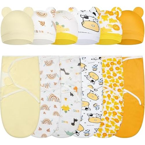 Ramede 6 Pack Swaddle Blanket with Hats for Baby Girl Boy 100% Cotton Swaddles 0-3 Months, Adjustable Breathable Skin Friendly Receiving Blanket Wrap, Essential for Newborns