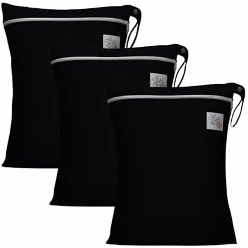 LA PETITE OURSE Wet Dry Bags with Zipper Closure and Hanging Strip, Washable, Reusable, Waterproof, for Swimming Suit, Baby Cloth Diapers, Beach, Pool, Travel, Gym, Daycare, Black - Pack of 3