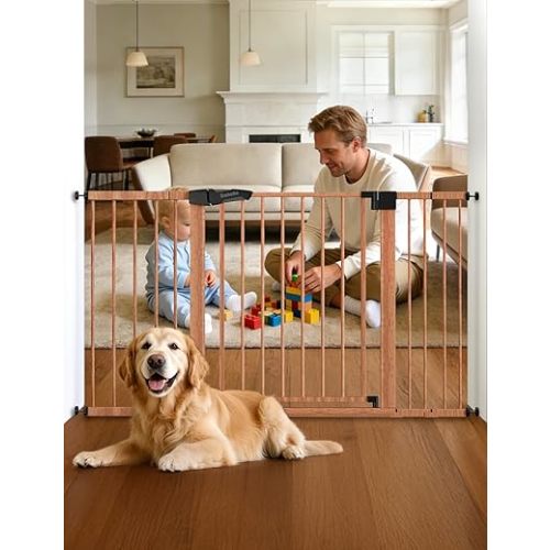 Babelio Metal Auto Close Baby Gate PressGuard P7, 29"-55" Wide Extra Wide Pet Gate for The House and Doorways, Pressure Mounted Walk Thru Child Gate with Door, Brown Wood Pattern