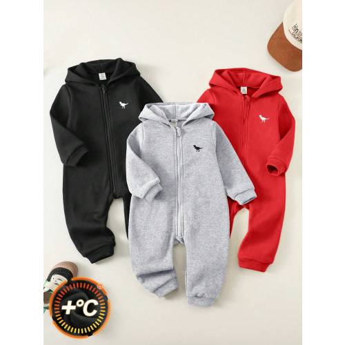 SHEIN 3pcs Baby Boy Baby Girl Grey Autumn/Winter Fleece Thickened Brushed Soft Knit Loose Hooded Long Sleeve Zip-Up Romper Pants All-Match Versatile Suitable For Home And Outings